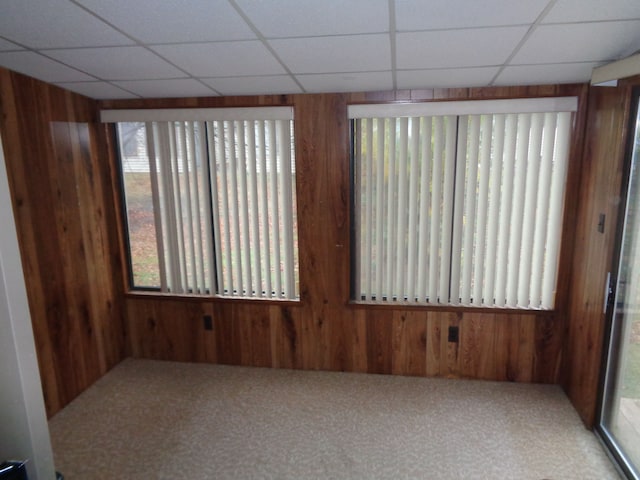 carpeted empty room featuring a drop ceiling, a wealth of natural light, and wood walls