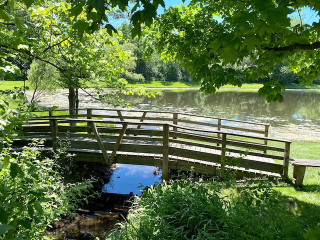 view of community with a water view