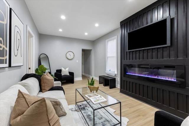 living room with a fireplace and light hardwood / wood-style flooring