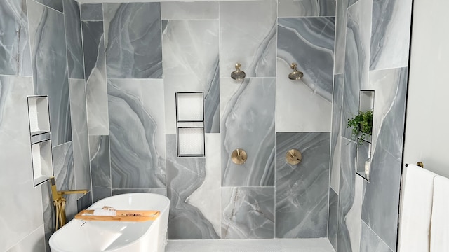 bathroom featuring radiator heating unit, tile walls, and independent shower and bath