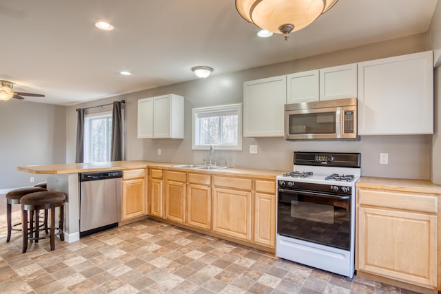 kitchen with ceiling fan, sink, kitchen peninsula, and stainless steel appliances