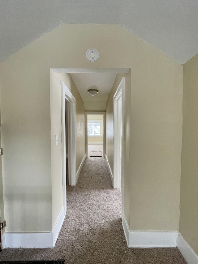 hall with carpet flooring and lofted ceiling