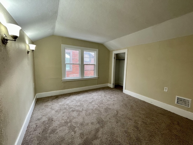 additional living space featuring a textured ceiling, carpet floors, and lofted ceiling