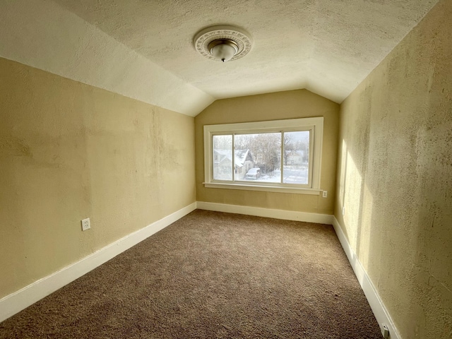 bonus room featuring a textured ceiling, carpet, and lofted ceiling