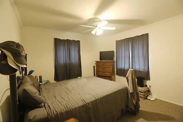 bedroom with carpet, ceiling fan, and ornamental molding