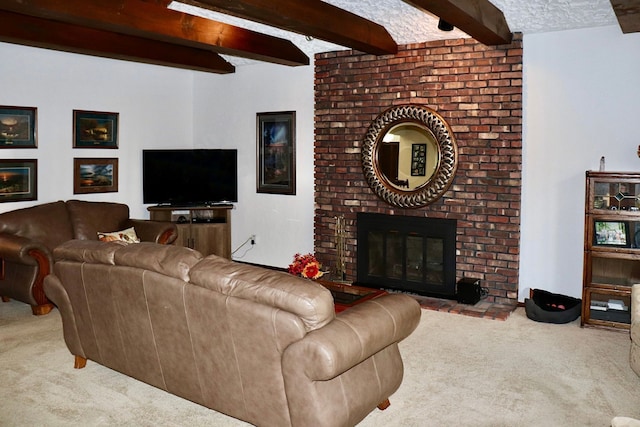 living room with carpet, a fireplace, and beamed ceiling