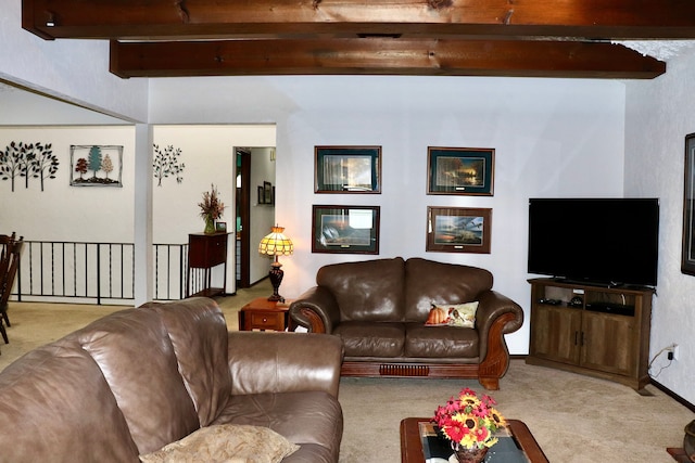 living room with light carpet and beam ceiling