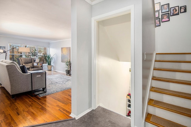 staircase featuring hardwood / wood-style flooring and ornamental molding