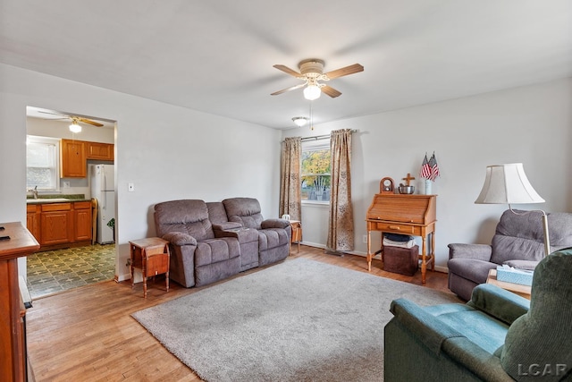 living room with ceiling fan, sink, and light wood-type flooring