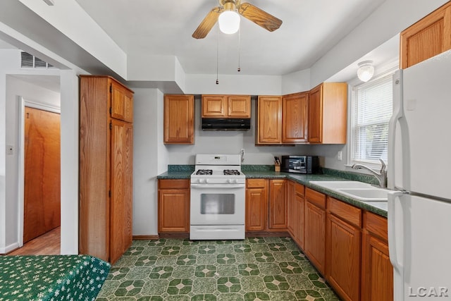 kitchen featuring ceiling fan, sink, white appliances, and ventilation hood