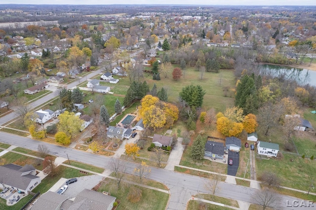 bird's eye view with a water view