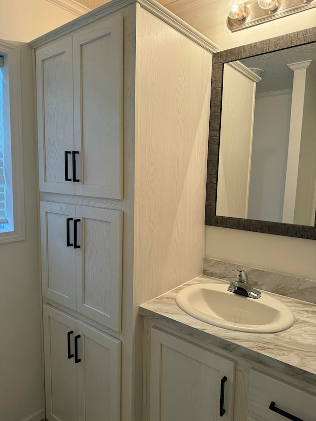 bathroom with crown molding and vanity