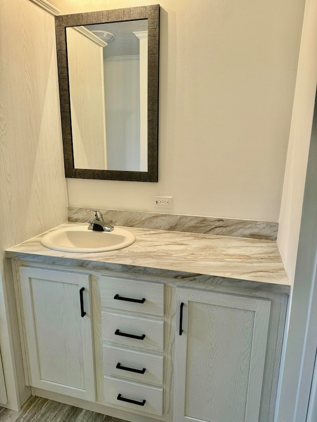 bathroom featuring vanity and hardwood / wood-style flooring