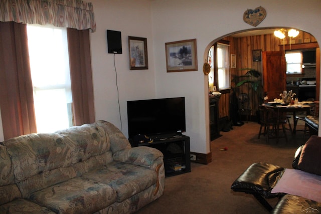 living room with carpet flooring, plenty of natural light, and wood walls