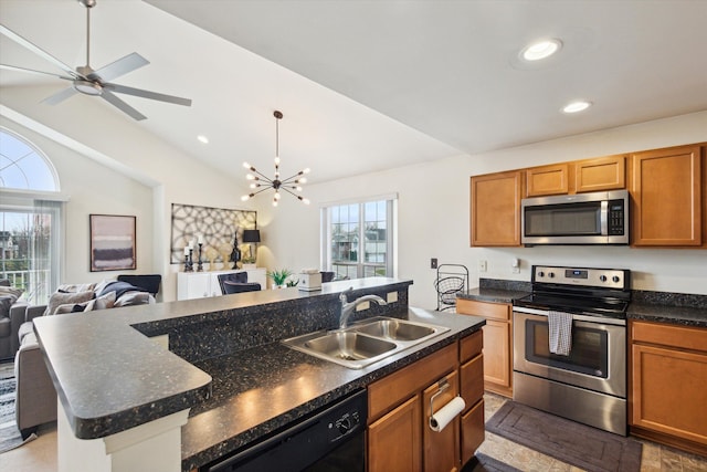 kitchen featuring a kitchen island with sink, a healthy amount of sunlight, sink, and stainless steel appliances