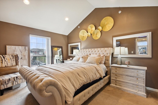 bedroom featuring carpet flooring and vaulted ceiling