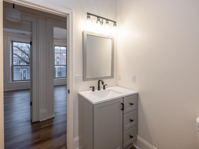 bathroom with hardwood / wood-style floors and vanity