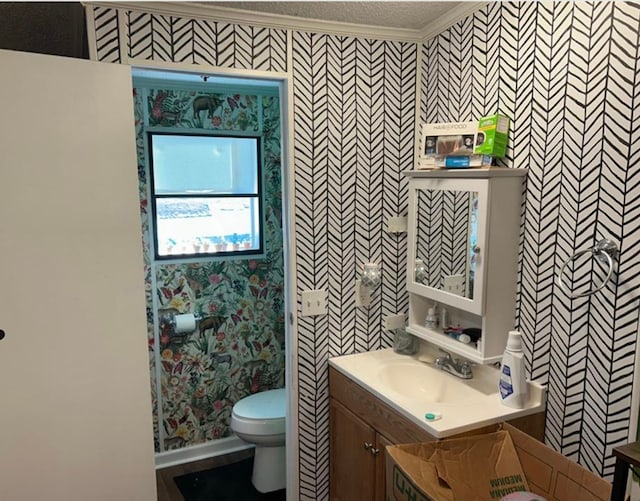 bathroom with vanity, a textured ceiling, and toilet