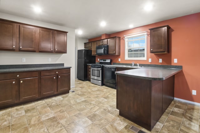 kitchen with black appliances, dark brown cabinetry, kitchen peninsula, and sink