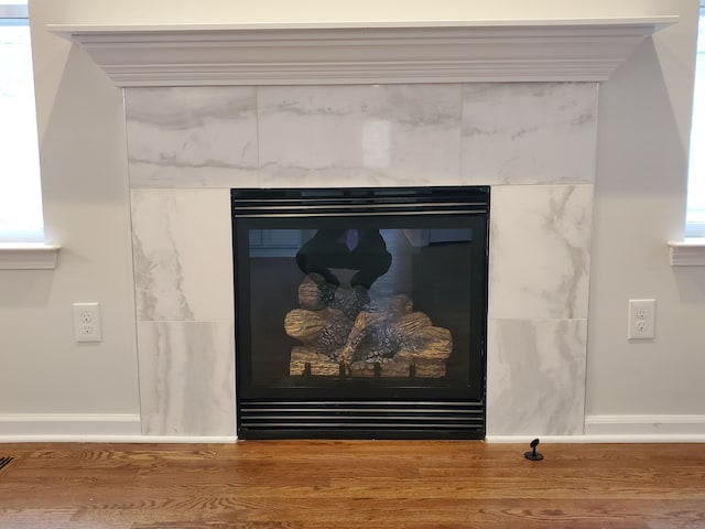 room details with a fireplace and hardwood / wood-style flooring