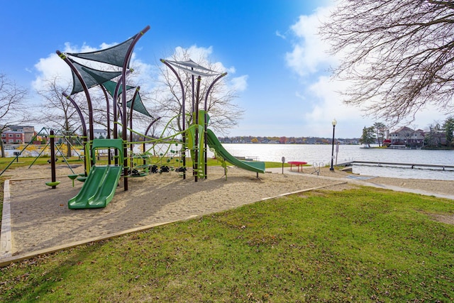 view of play area featuring a water view