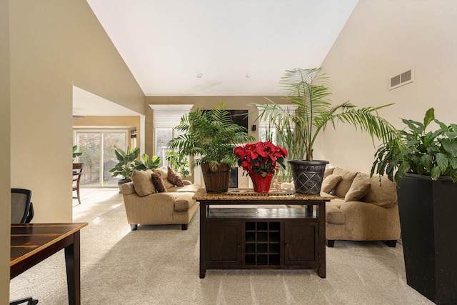 carpeted living room with high vaulted ceiling