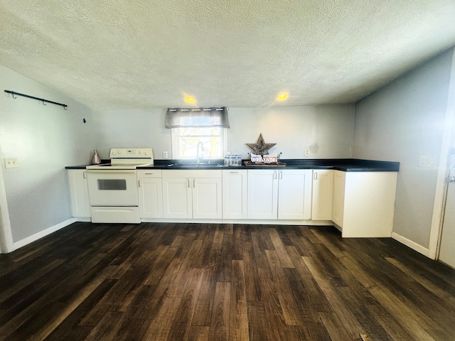 kitchen with white electric range oven, sink, white cabinetry, a textured ceiling, and dark hardwood / wood-style flooring