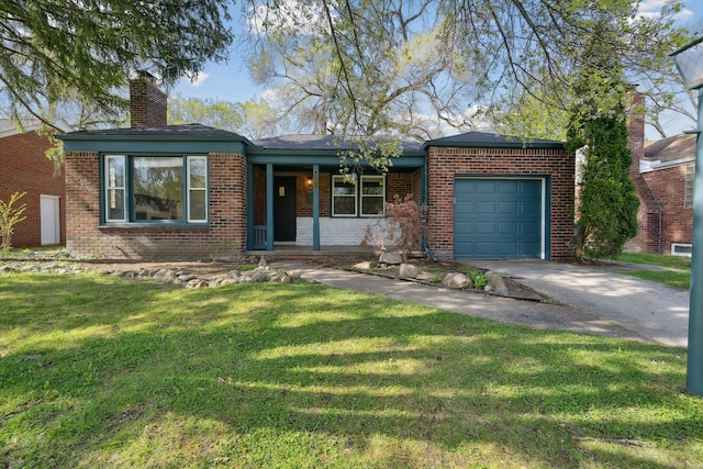 ranch-style house with a porch, a garage, and a front yard