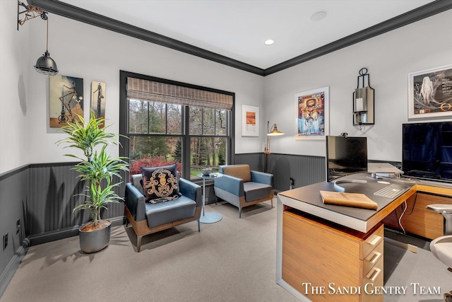 office space with carpet flooring and crown molding