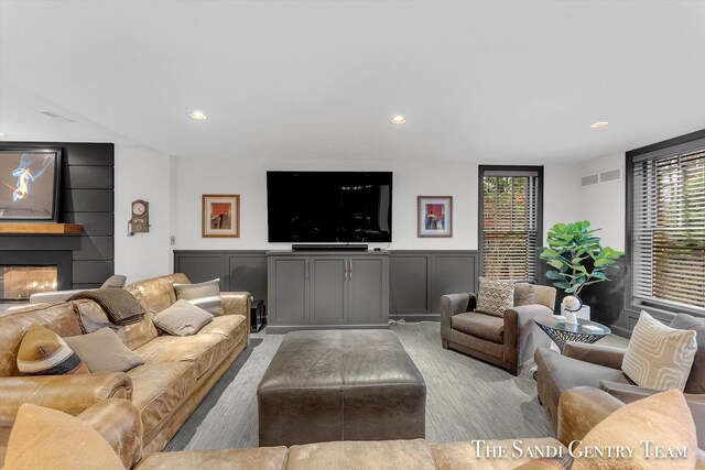 living room with a fireplace