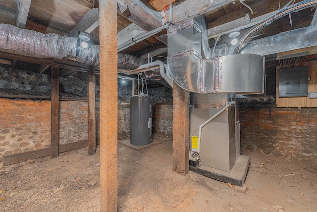 basement featuring electric panel and water heater