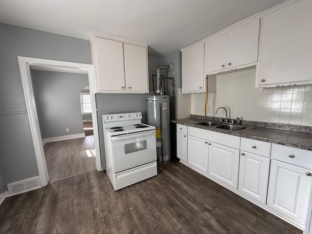 kitchen with white electric range oven, dark wood-type flooring, sink, and water heater