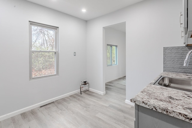 interior space with light wood-type flooring, a wealth of natural light, and sink