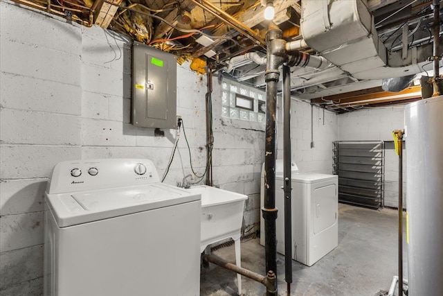 laundry room featuring electric panel, washer and clothes dryer, gas water heater, and sink