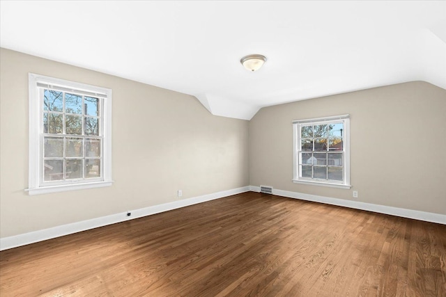 additional living space with wood-type flooring, lofted ceiling, and a healthy amount of sunlight