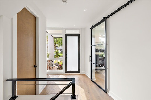 doorway to outside featuring light wood-type flooring and a barn door