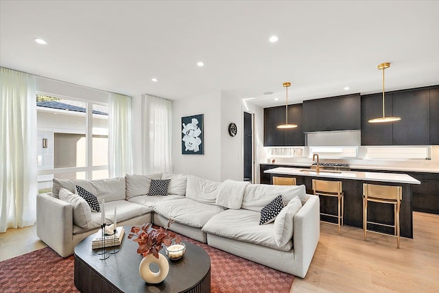 living room with light wood-type flooring and sink