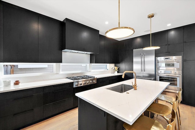 kitchen with a kitchen island with sink, sink, hanging light fixtures, appliances with stainless steel finishes, and light hardwood / wood-style floors