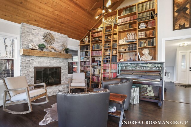 1155 Edgewater Ter, South Haven, MI 49090 - sitting room featuring wood ceiling, a stone fireplace, wood finished floors, and high vaulted ceiling