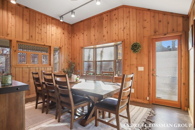 1155 Edgewater Ter, South Haven, MI 49090 - dining area featuring track lighting, wooden walls, wood finished floors, vaulted ceiling, and baseboards