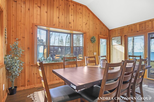 1155 Edgewater Ter, South Haven, MI 49090 - dining room featuring lofted ceiling, healthy amount of natural light, wooden walls, dark wood-type flooring, and baseboards