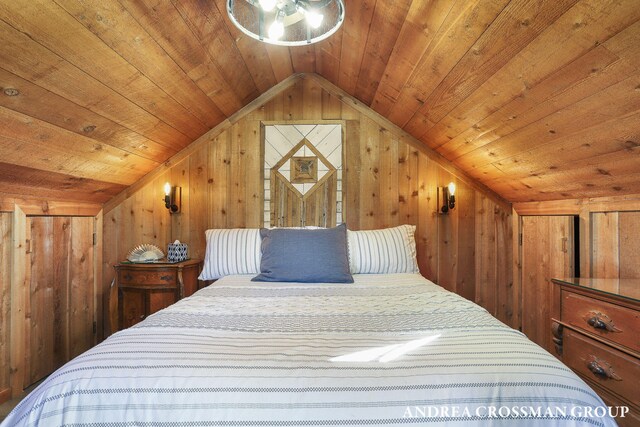 1155 Edgewater Ter, South Haven, MI 49090 - bedroom featuring wooden ceiling, wooden walls, and lofted ceiling