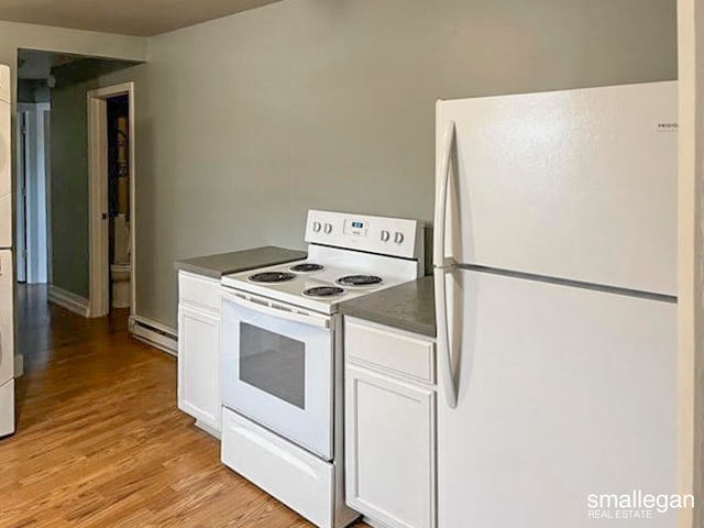 kitchen featuring white cabinets, white appliances, a baseboard radiator, and light hardwood / wood-style flooring