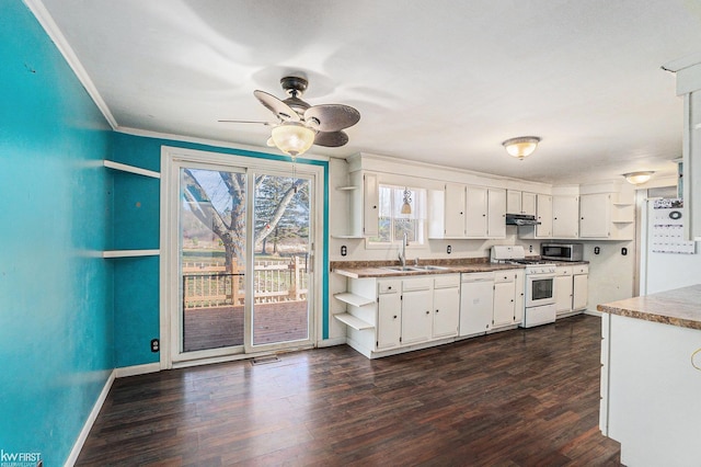 470 Michelson Rd, Houghton Lake, MI 48629 - kitchen with white appliances, open shelves, a sink, under cabinet range hood, and dark wood finished floors