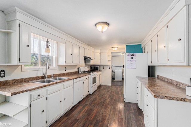 470 Michelson Rd, Houghton Lake, MI 48629 - kitchen with open shelves, white appliances, a sink, under cabinet range hood, and dark wood-style flooring