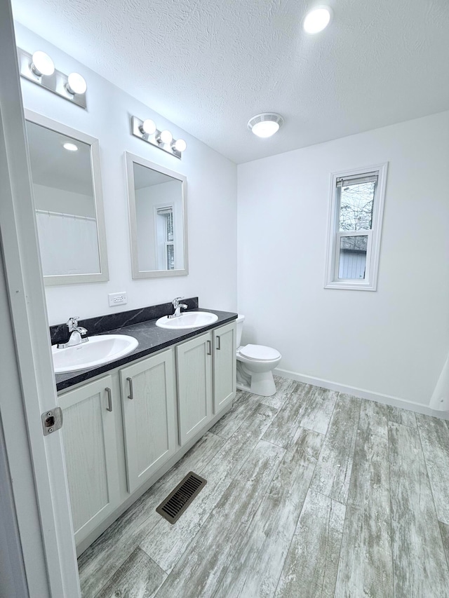 bathroom with wood-type flooring, vanity, and a textured ceiling