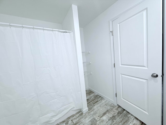 bathroom with wood-type flooring