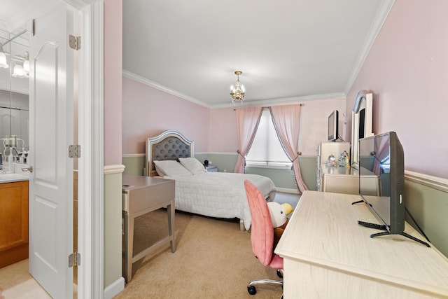 bedroom featuring light carpet, a notable chandelier, and ornamental molding