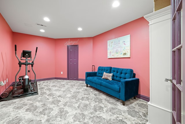 workout room featuring recessed lighting, visible vents, baseboards, and carpet