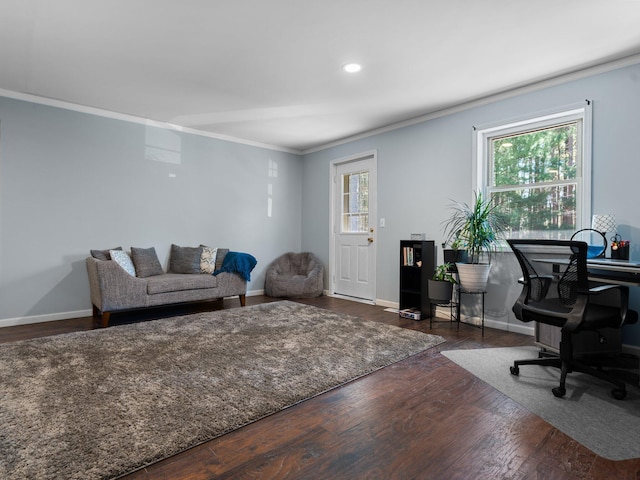 office area featuring dark hardwood / wood-style floors and crown molding